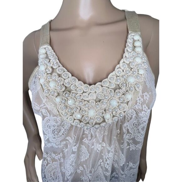 Wet Seal Y2K Lace Flowy Mesh Tank Top With Pearl Design On Neckline - Picture 2 of 4
